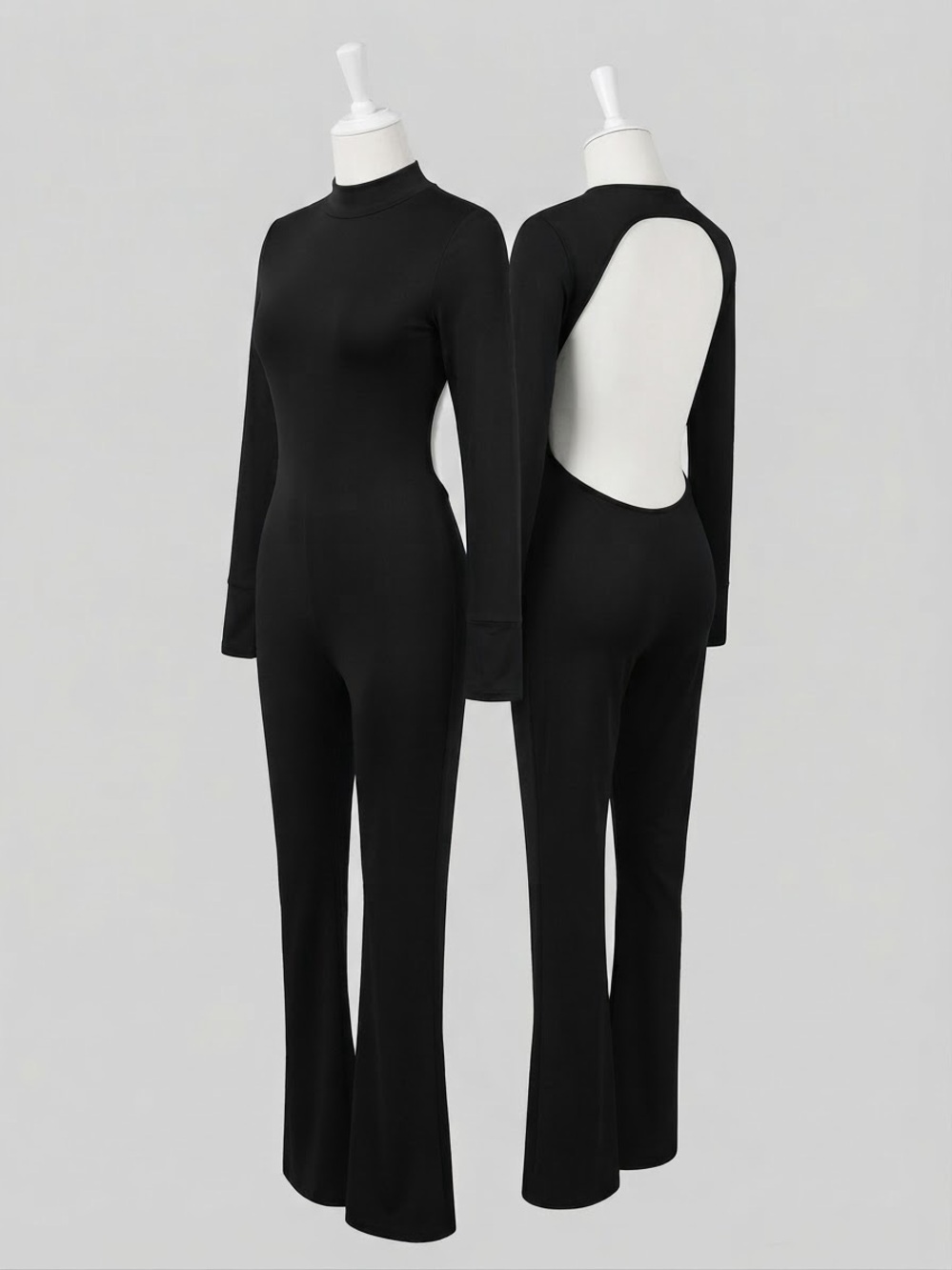 Open-Back Black Long-Sleeve Jumpsuit